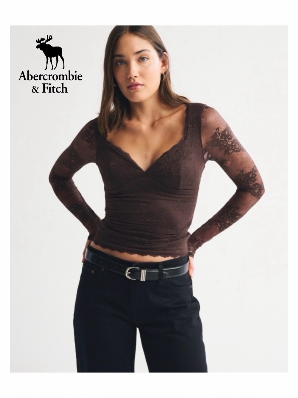 🆕 NWT Abercrombie A&F Zoe Bra-Free Long-Sleeve Lace Top in Brown